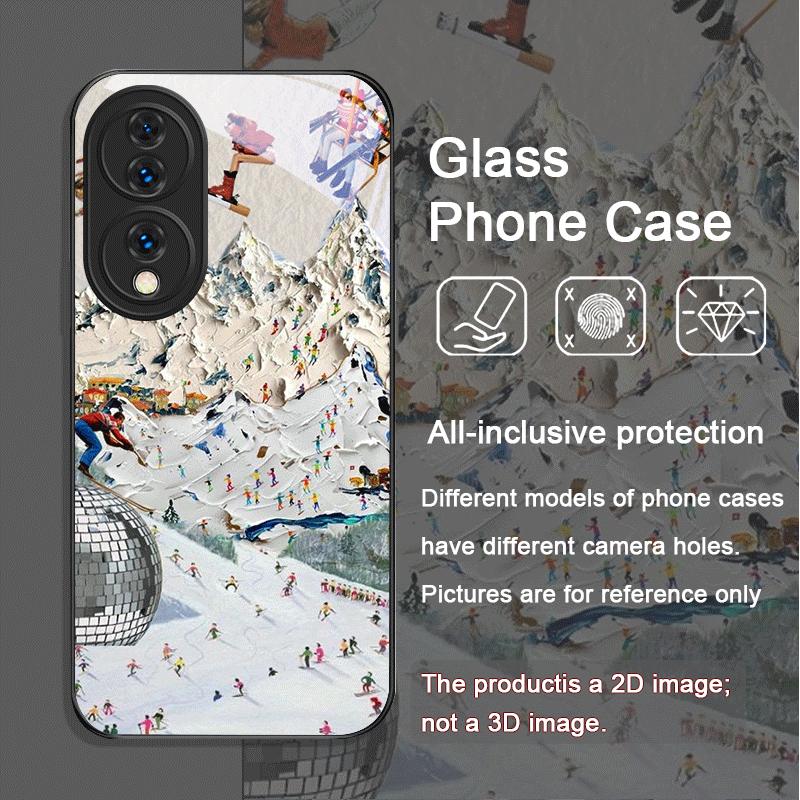 

Oil Painting Art Snow Scenery Skiing Tempered Glass Phone Case for Huawei Honor 200 Lite 100 Pro 90 80 GT Magic 7 6 X8 X9 Covers Honor 60