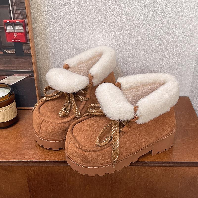 Women's Thick Soled Plus Size Thickened Winter Warm Lace-up Fur One Snow Boots Padded Lining Ankle Boots Non-slip Hiking Sports Cotton Boots