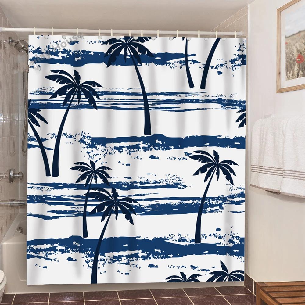 

Seaside Sea Beach Sea Wave Coconut Tree Shower Curtains Bathroom Curtain Fabric Waterproof Polyester Bath Curtain With Hooks W60H190(CM)-1 Pcs