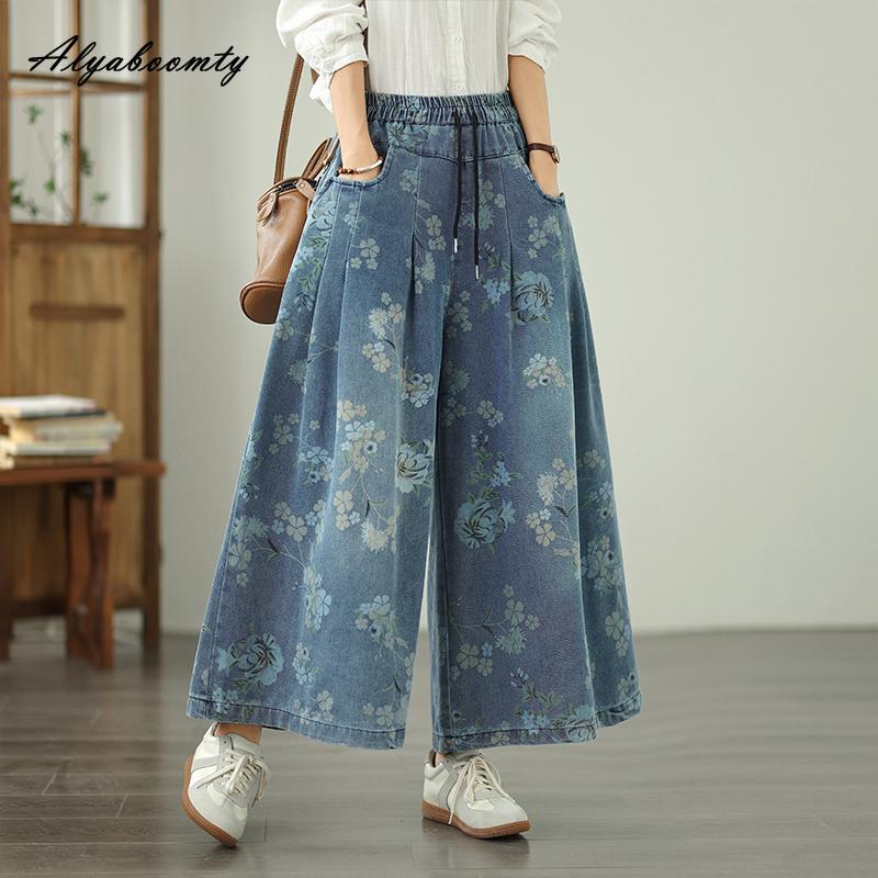 

Женские джинсы больших размеров на весну-осень с широкими штанинами, эластичной талией на кулиске, цветочным принтом, мешковатые джинсовые брюки, винтажные стильные базовые джинсы для дам XXL