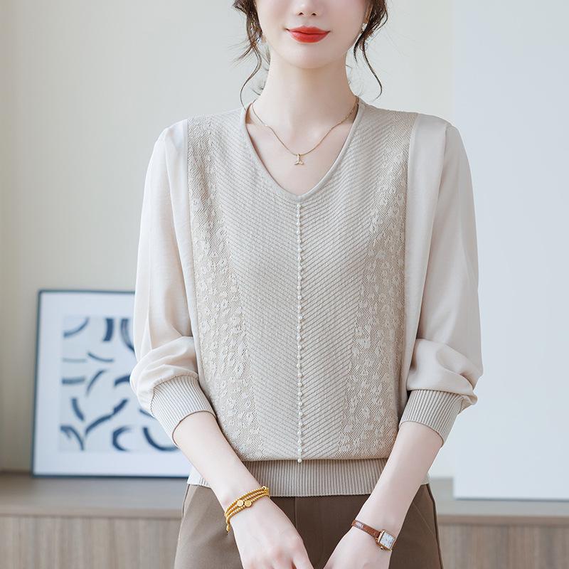

Women s Slimming V-Neck Patchwork Knitwear for Spring & Autumn - Light, Loose, and Elegant Design for a Flattering Fit XXXL