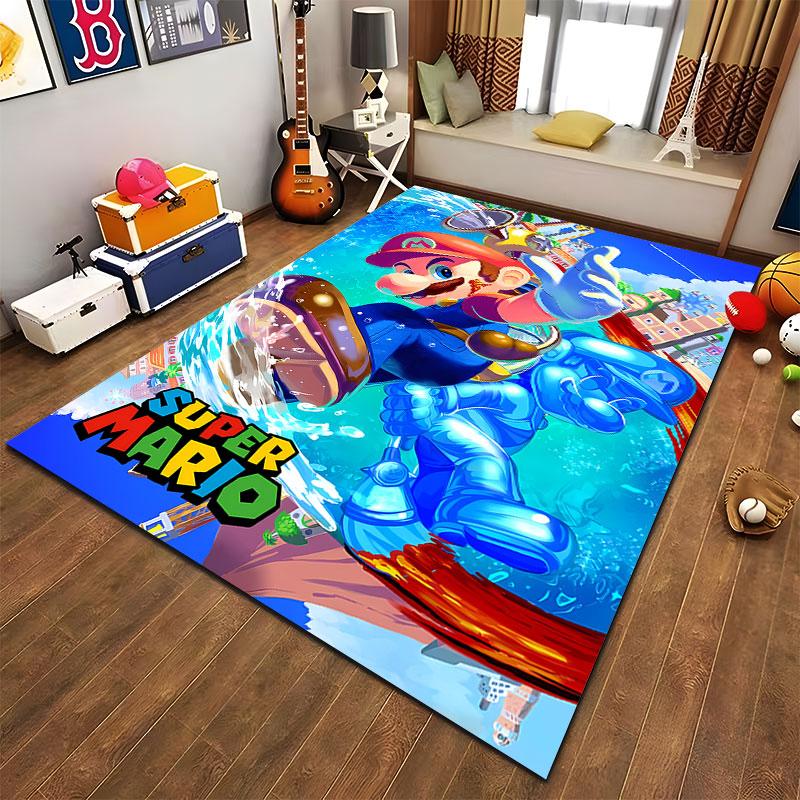 Super Mario Splashing Through Water City Scene Rug, Blue Action Cartoon Design for Everyday Comfort, Cozy Fan Rug Decor, All Seasons Gift