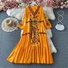 Vintage Printed Loose Dress for Woman V Neck Oversized Long Sleeve Casual Lace Dresses Long