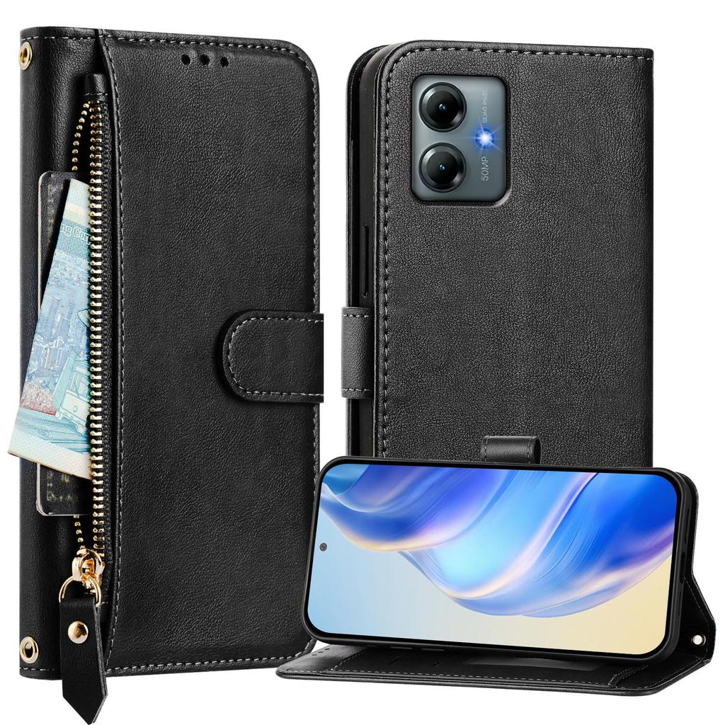 For Motorola Moto G Play (2025) 4G Case Zipper Pocket Multiple Card Slots Leather Phone Cover
