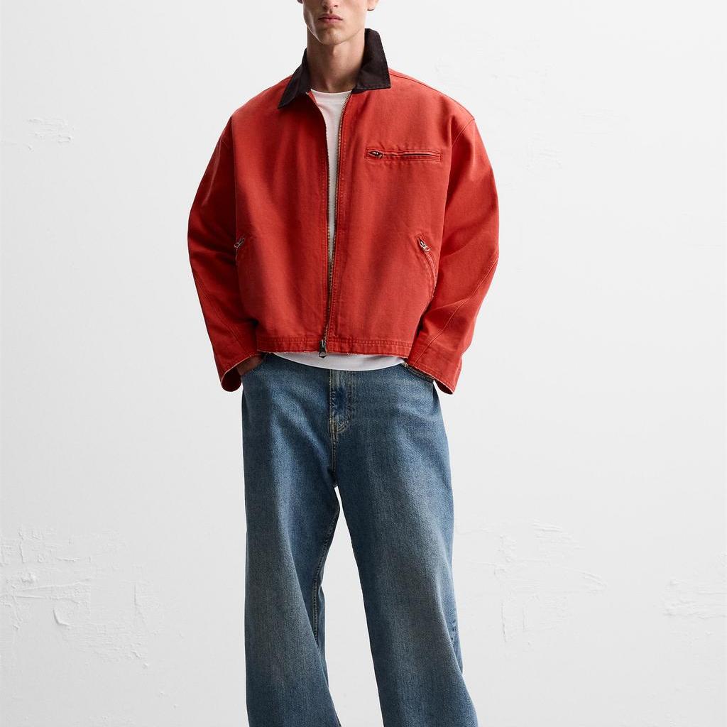 Zara Vintage Label Zipper Casual Detroit Work Jacket Men Jackets Red 06987402-35