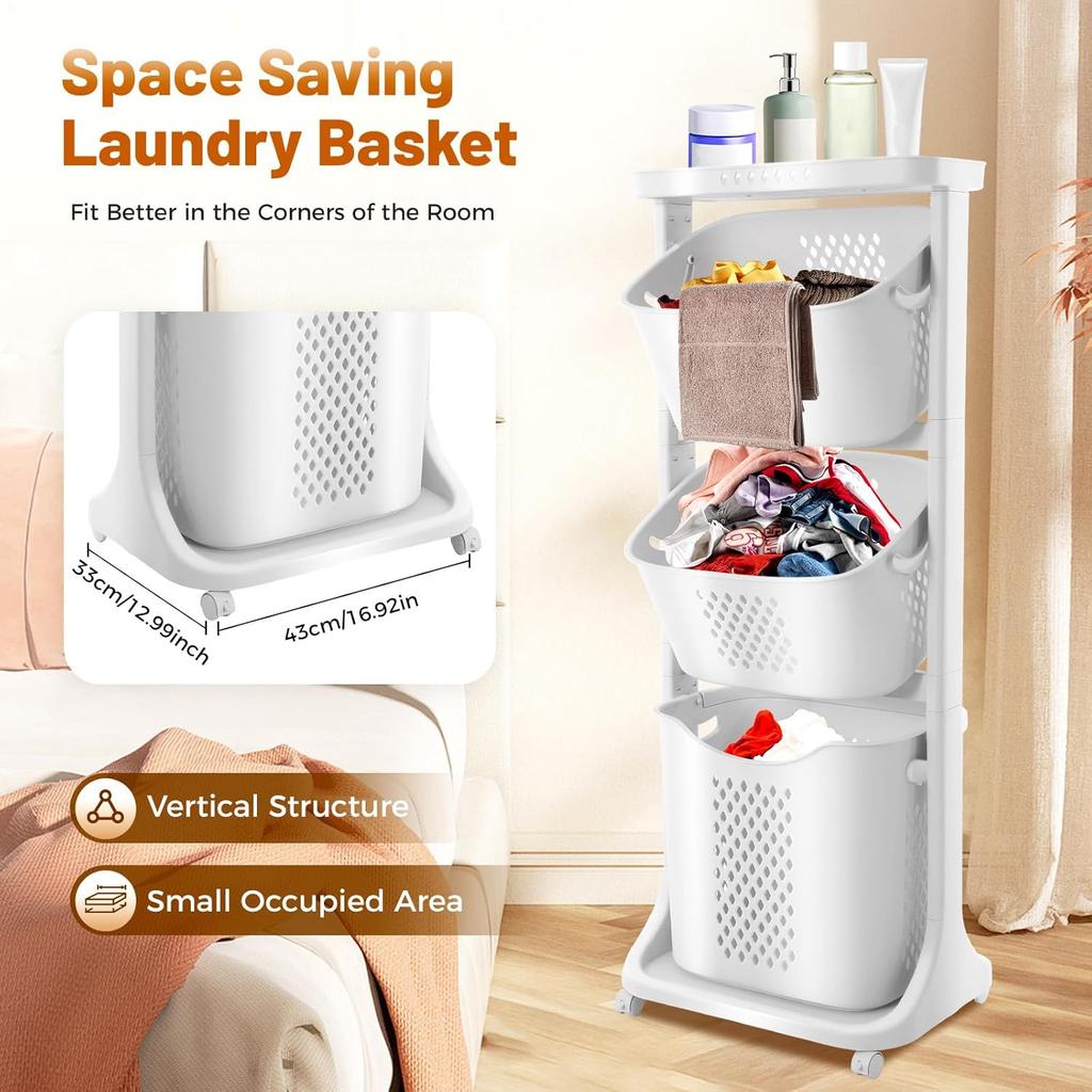 Laundry Hampers, 3 Tier Laundry Baskets Dirty Clothes Hamper with Wheels for Home, Dorms, Laundry Room and Apartment