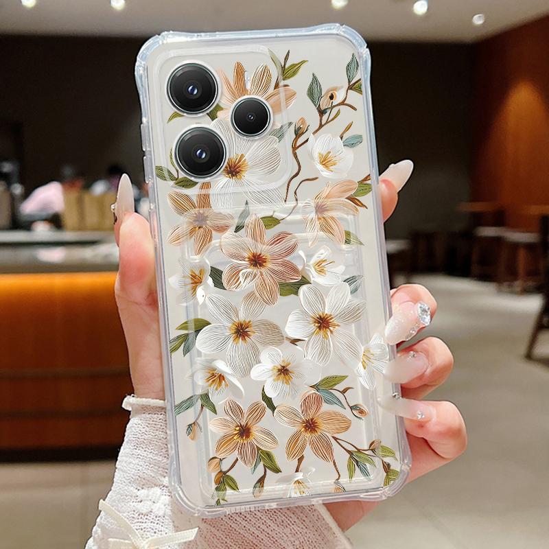 Card Pocket Bag Clear Phone Case For Xiaomi 14T 13T Xiaomi 14T 13T Pro Pink Blue Flower Print Shockproof Soft TPU Silicone Cover
