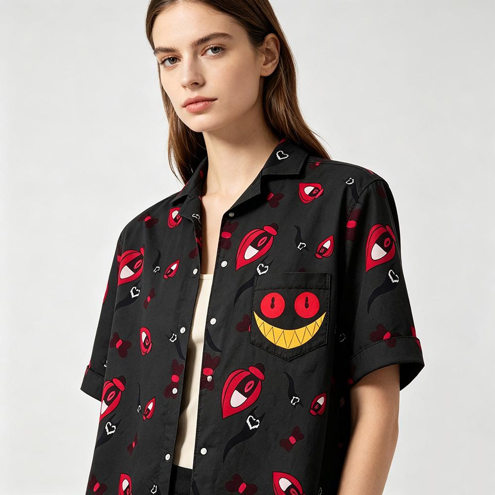 Alastor Button Up Shirt Anime Hazbin Hotel Hawaiian Shirt Men Women 3D All‑Over Print Short Sleeve 3D All Over Print Merch Tops