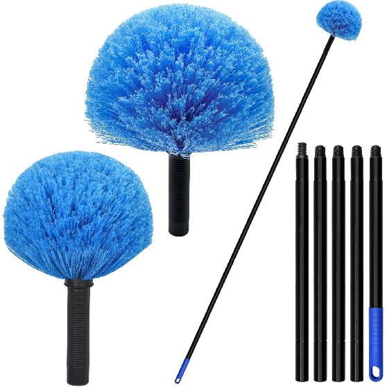 Cobweb Duster with Extension Pole, Spider Web Brush with Pole, 2 Pack Cobweb Duster Brush Head & 17-76 Inch 5-Section Iron Pole Cobweb Duster Combo,