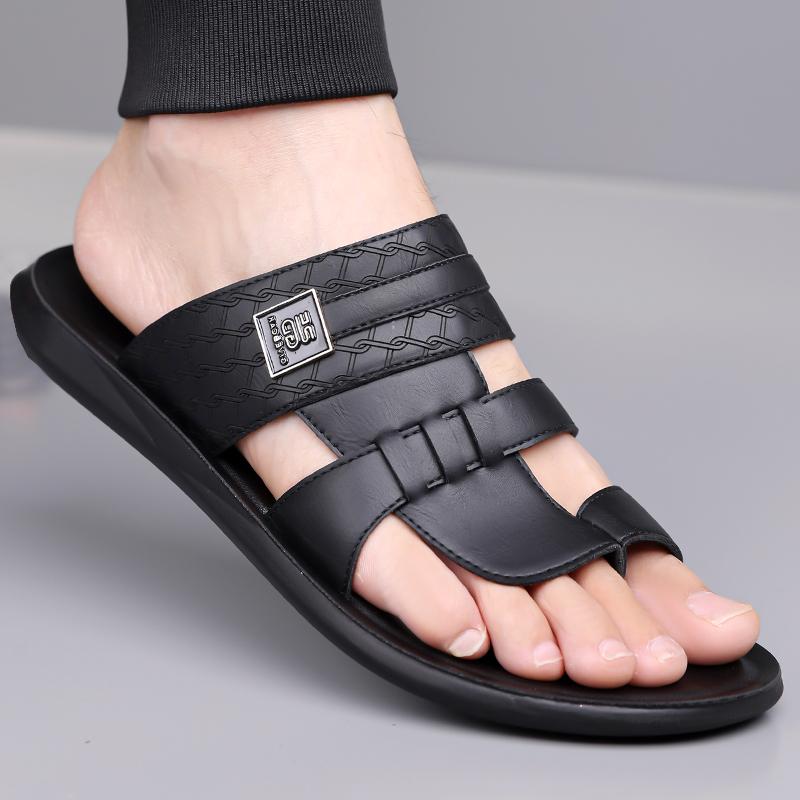 Men Black Leather Slippers Handmade Simple Flats Summer White Outdoor Roman Sandals Brown Open Toe Beach Shoes Plus Size