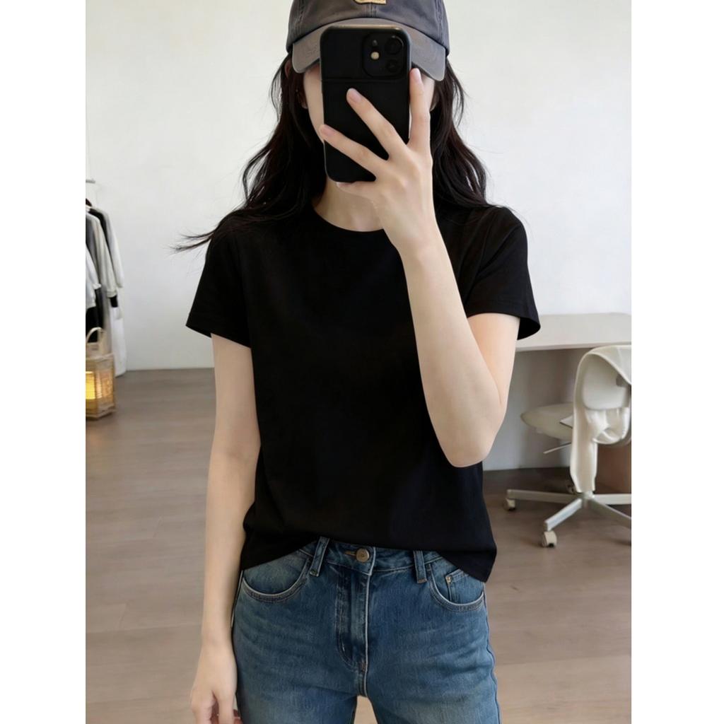 Solid Color Slim-fitting White Round Neck Front Shoulder Short-sleeved T-shirt Women's Summer New Versatile Basic Outerwear Top