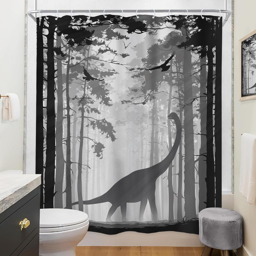 Dinosaur Shower Curtain Brachiosaurus Forest Silhouette Black White Design Nature Art Prehistoric Theme Bath Decor Waterproof