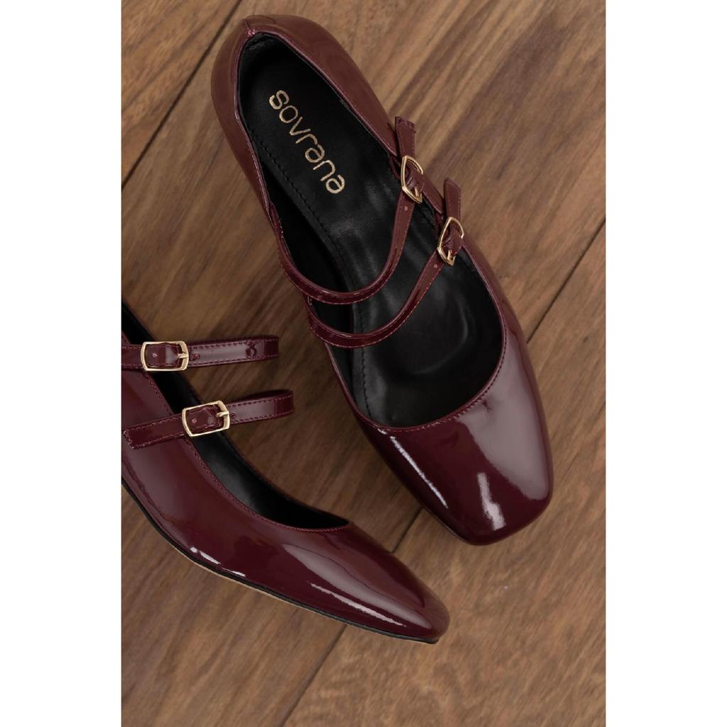 Short Heeled Blunt Toe Two-arched Shoes Black Patent Leather