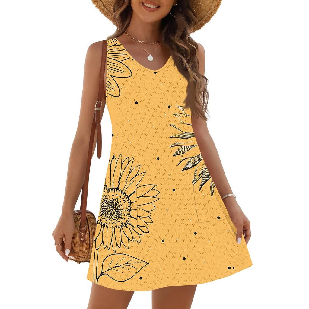 Women's Fashion Casual Summer Cuffless Bag V-neck Vintage Floral Print Dress Beach Sundress