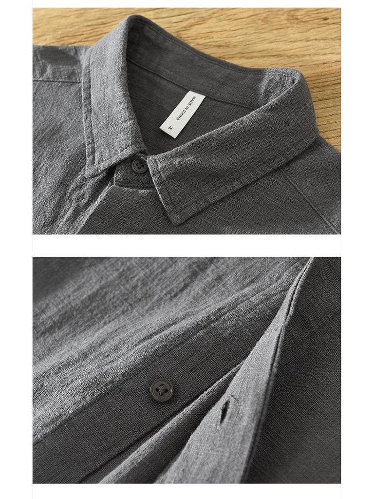 Summer Cotton Linen Short Sleeve Retro Casual Shirt with Turn-Down Collar