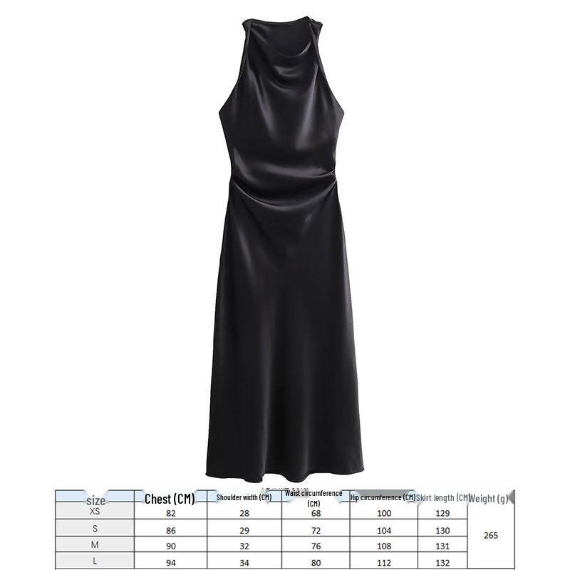 2024 European and American Fashion Black Silk Satin Midi Dress - Round Neck Sleeveless Design