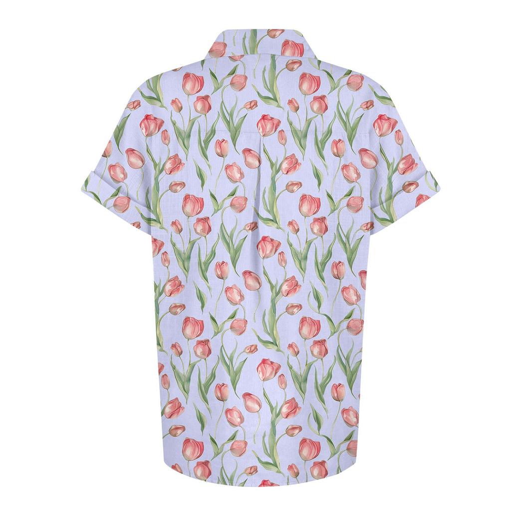 Damenmode, lockeres, lässiges Kurzarm-Revers-Button-Down-Shirt, bedrucktes T-Shirt-Oberteil