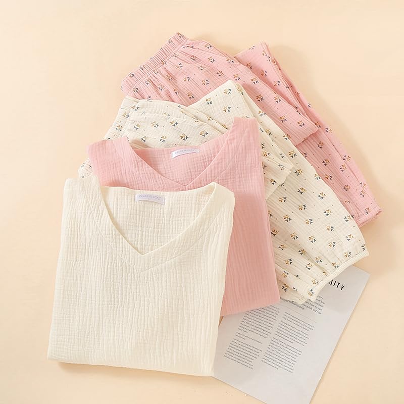 Marshmallow Double Comfortable Loungewear Salmon Women's Spring/Summer Pajamas, 100% Cotton, Gauze, V-Neck, Moisture-Wicking, Quick-Drying, Sleepwear,