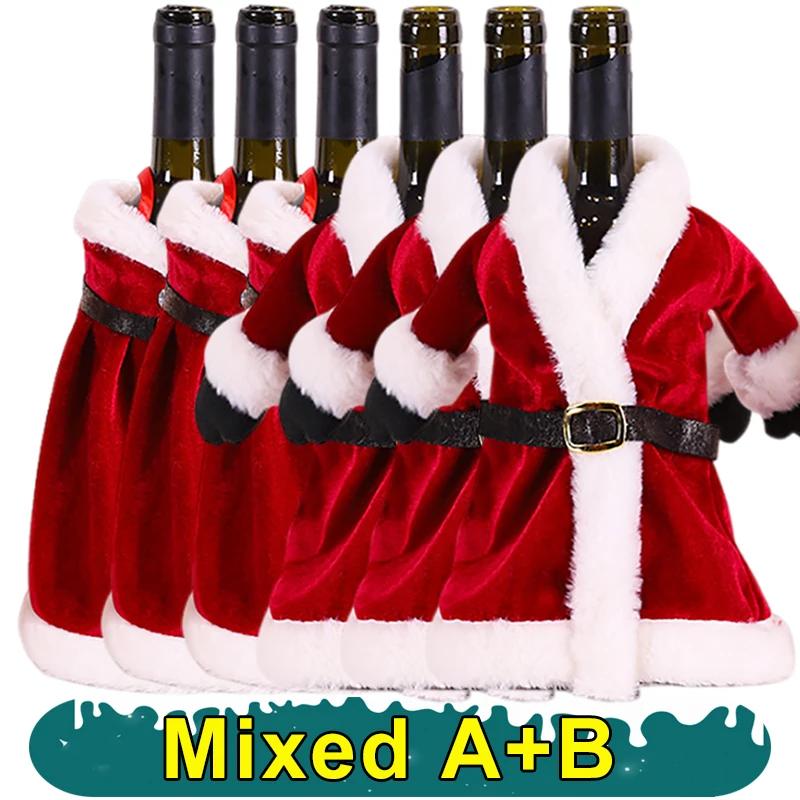10-1PCS Wine Bottle Cover Christmas Red Velvet Dress Clothes Wine Bottles Bags Dinner Table Ornament New Year Party Home Decors