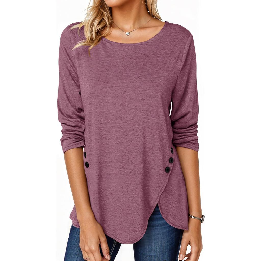 Women's T-shirt, Color, Round Neck, Long Sleeve, Irregular Button, Hem Top