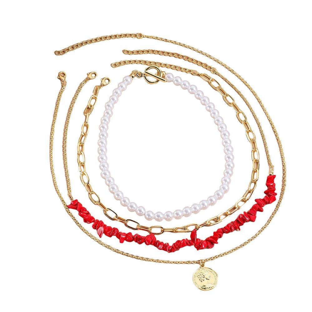 Metal Pendant Pearl Beaded Necklace Elegant Multilayer Necklaces Colored Stone Necklace  Women