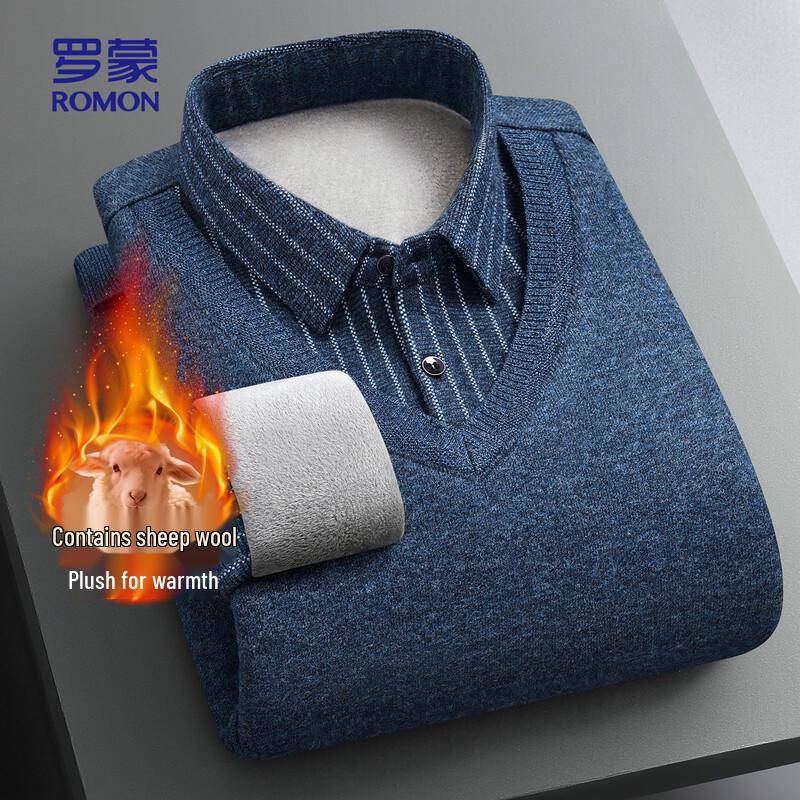 ROMON Men's Fleece-Lined Wool Blend Knit Shirt Collar Sweater