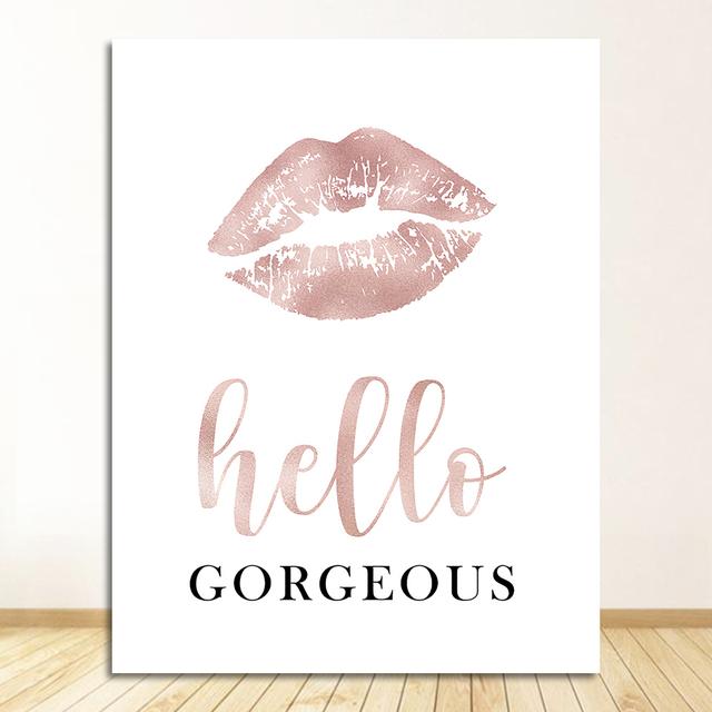 Posters and Prints Hello Gorgeous Sign Rose Gold Canvas Painting Girls Gifts Wall Art Decor Fashion Eyelashes Lipstick Makeup