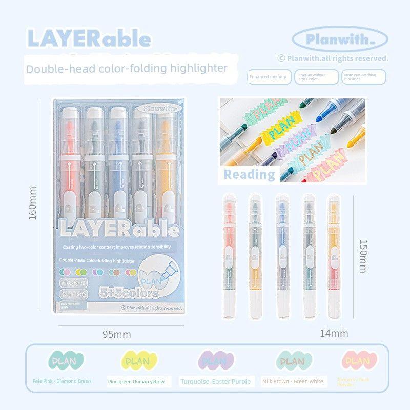 

Planwith Double-Headed Fluorescent Pen Special for Taking Notes Good-looking Ins Style Marking Pen Color Key Color Matching Blue Box-Reading