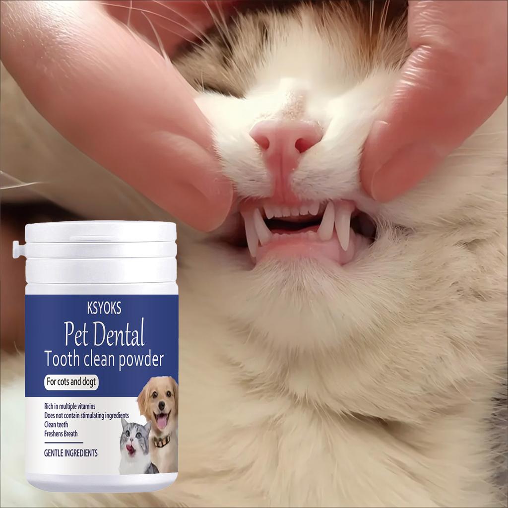 Pet tooth powder cleans teeth while refreshing breath, making interaction with furry children closer