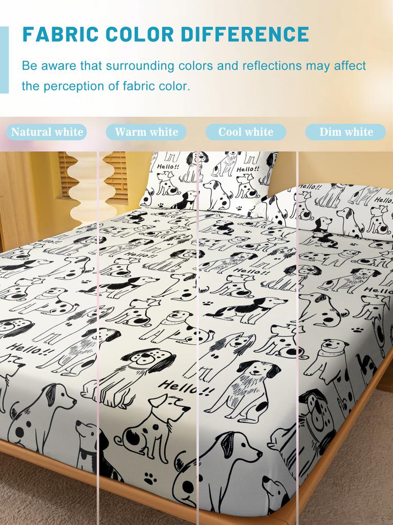 1 Cartoon Cute Animal Dog Printed Matte Fitted Sheet, Bedroom Printed Bed Cover, Bedding (Excluding Pillowcases)