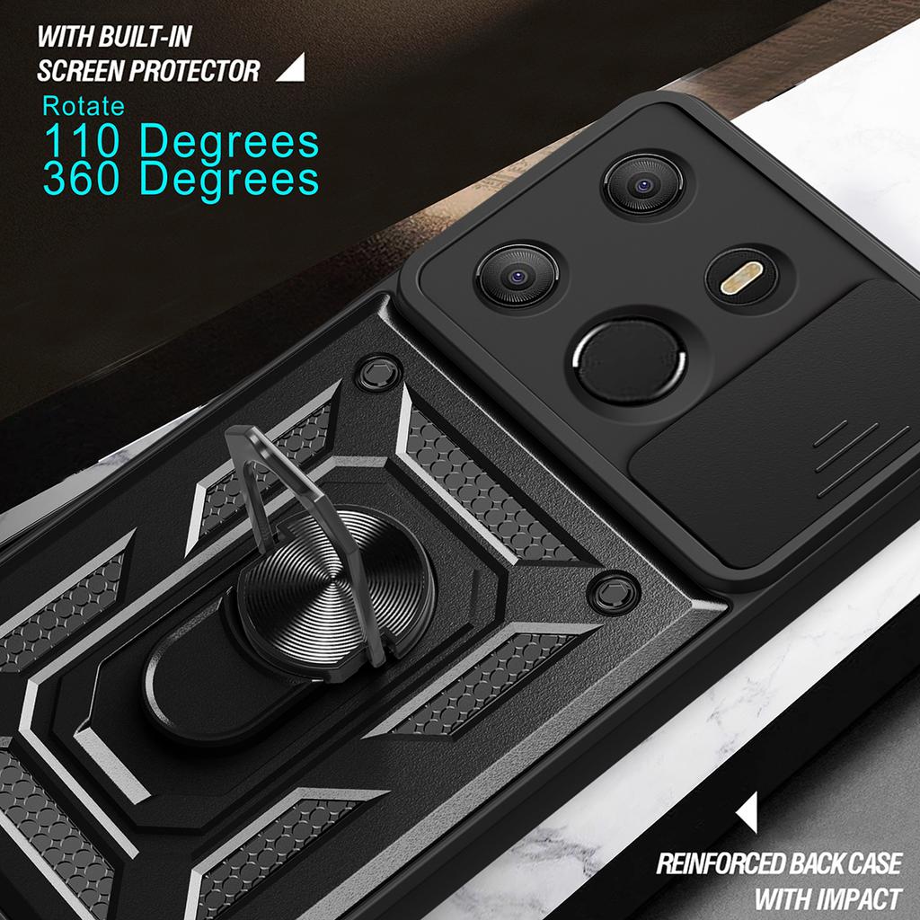 For TECNO Spark Go 2023 4G/Pop 7 Pro 4G Slide Lens Protection Cover Shockproof Kickstand PC+TPU Phone Case