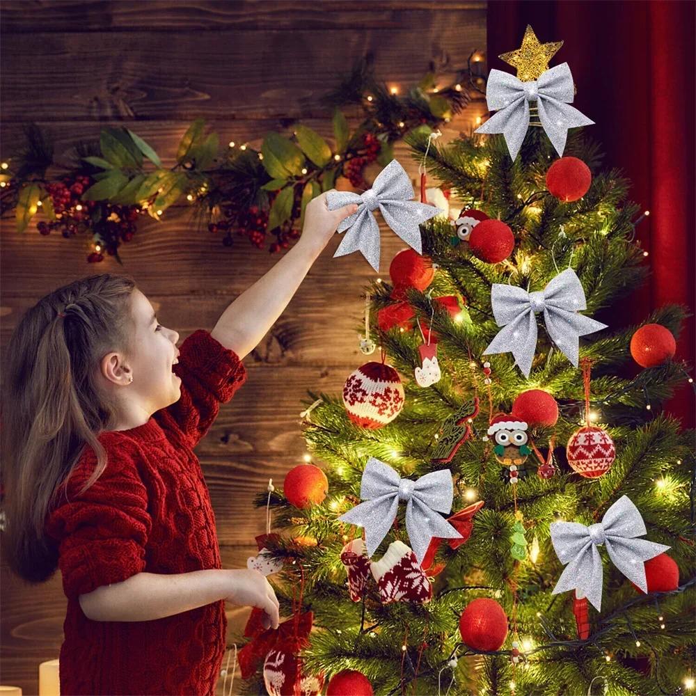 10pcs 14cm Christmas Sparkling Bows Decoration Xmas Tree Pendant Ornaments for Home Christmas New Year Party DIY Bow Decorations