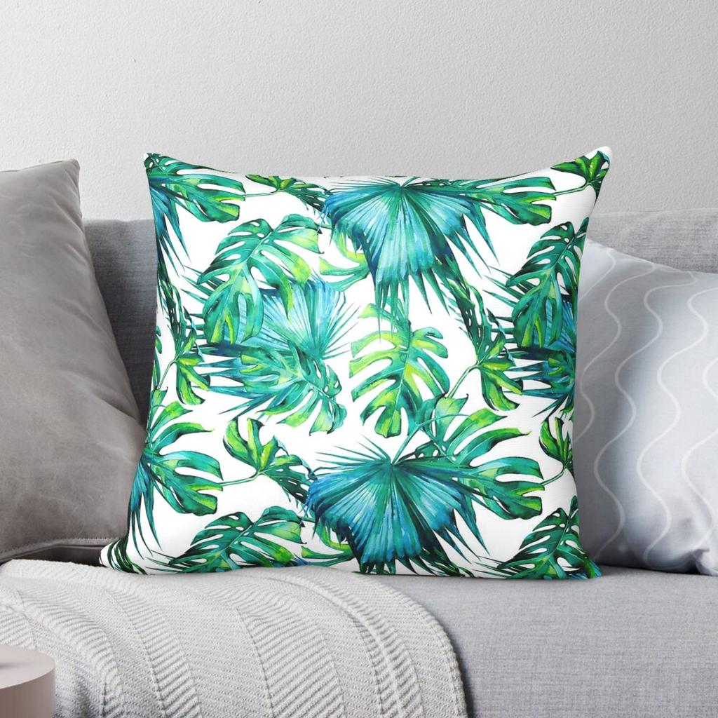 Blue Jungle Leaves Monstera Palm Square Pillowcase Polyester Linen Velvet Printed Decor Pillow Case Home Cushion Cover Wholesale