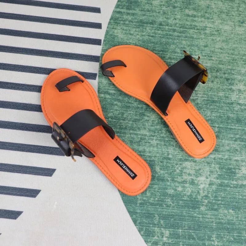Fashion New Sandals Women Summer Sandal Beach Flat with Slides Square Buckle Fashion Woman Outside Shoes Female Slippers