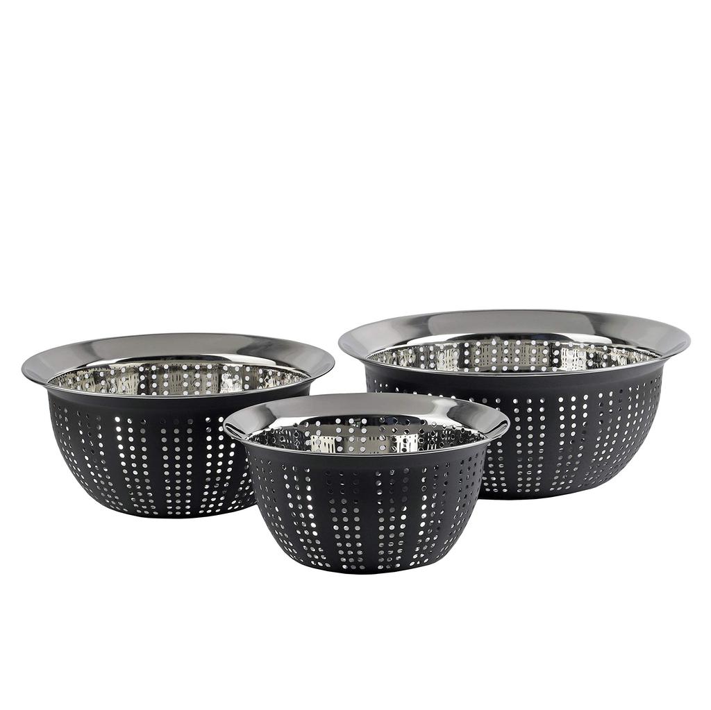 Pearl Metal Punching Bowl and Strainer, Limited Edition, Black, 15cm / 18cm / 21cm, Stainless Steel, 3-Piece Set, BLKP, Black, AZ-5036