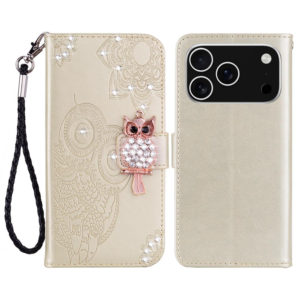 For iPhone 17 Pro Max Wallet Case Owl Flower Imprinted Rhinestone Leather Cover