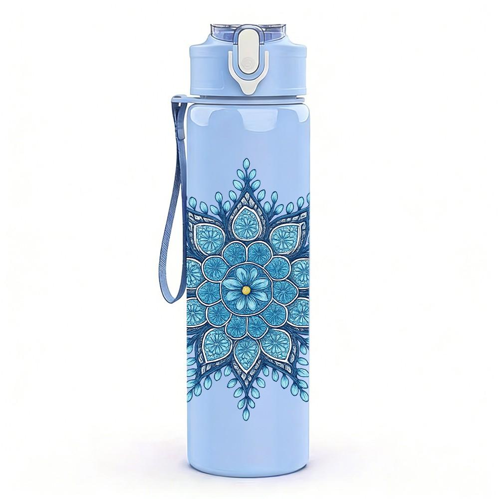 1PC Blue Snowflake Mandala Design 750ml Color Plastic Sports Water Bottle Leakproof Flip Straw Lid Suitable for Sports Office Home Use