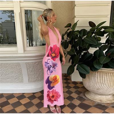 2025 Spring and Summer New Women's Sexy Halter Halter Flower Print Slim-fit Hip Dress