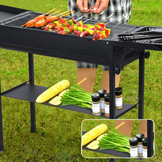 Langer Grill Holzkohle Großer BBQ Grill Klappbare Seitenablage Camping Grill für Garten Hinterhof Party Picknick Kochen (47.28x25.61x25.61 Zoll)