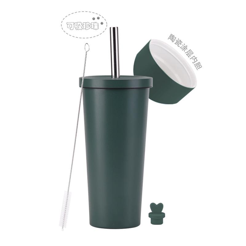 2025 Stainless Steel Straw Cup Ceramic Liner Bubble Tea Cup Vacuum Double-Layer Straw Thermos Cup