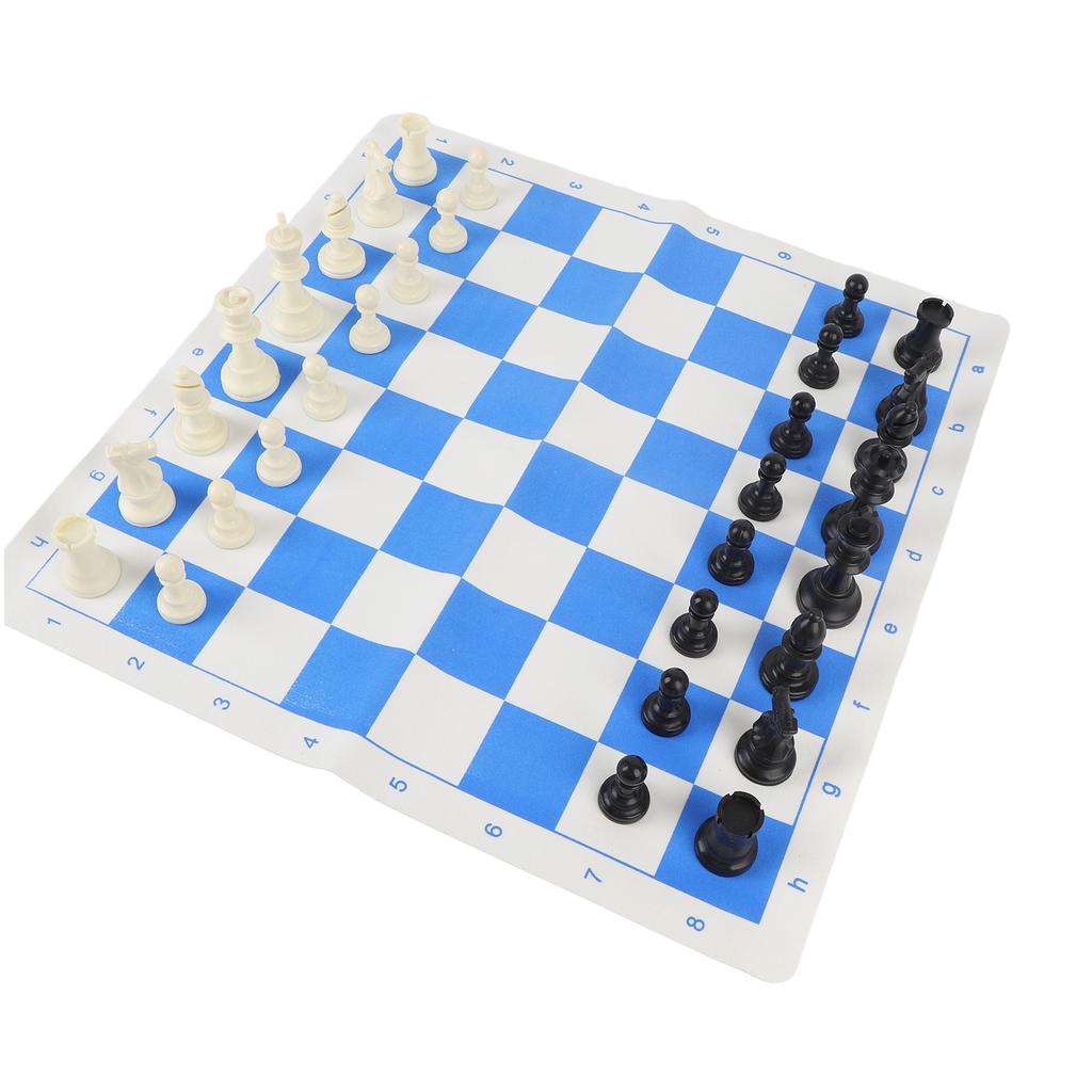 Internationales Schachspiel 95mm König Plastik Schachfiguren 50cm PU Leder Blau Weiß Gitterbrett mit