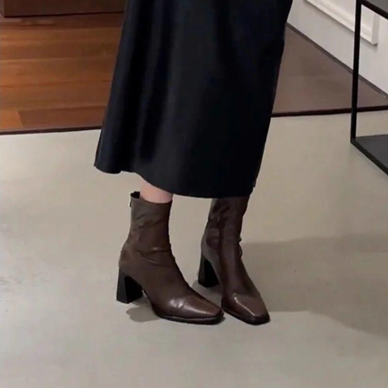 Müde Füße Jahr quadratischer Kopf Winter nicht dünne Stiefel nackte Stiefel vielseitig Reißverschluss hinten langer dicker Absatz elastisch tragen