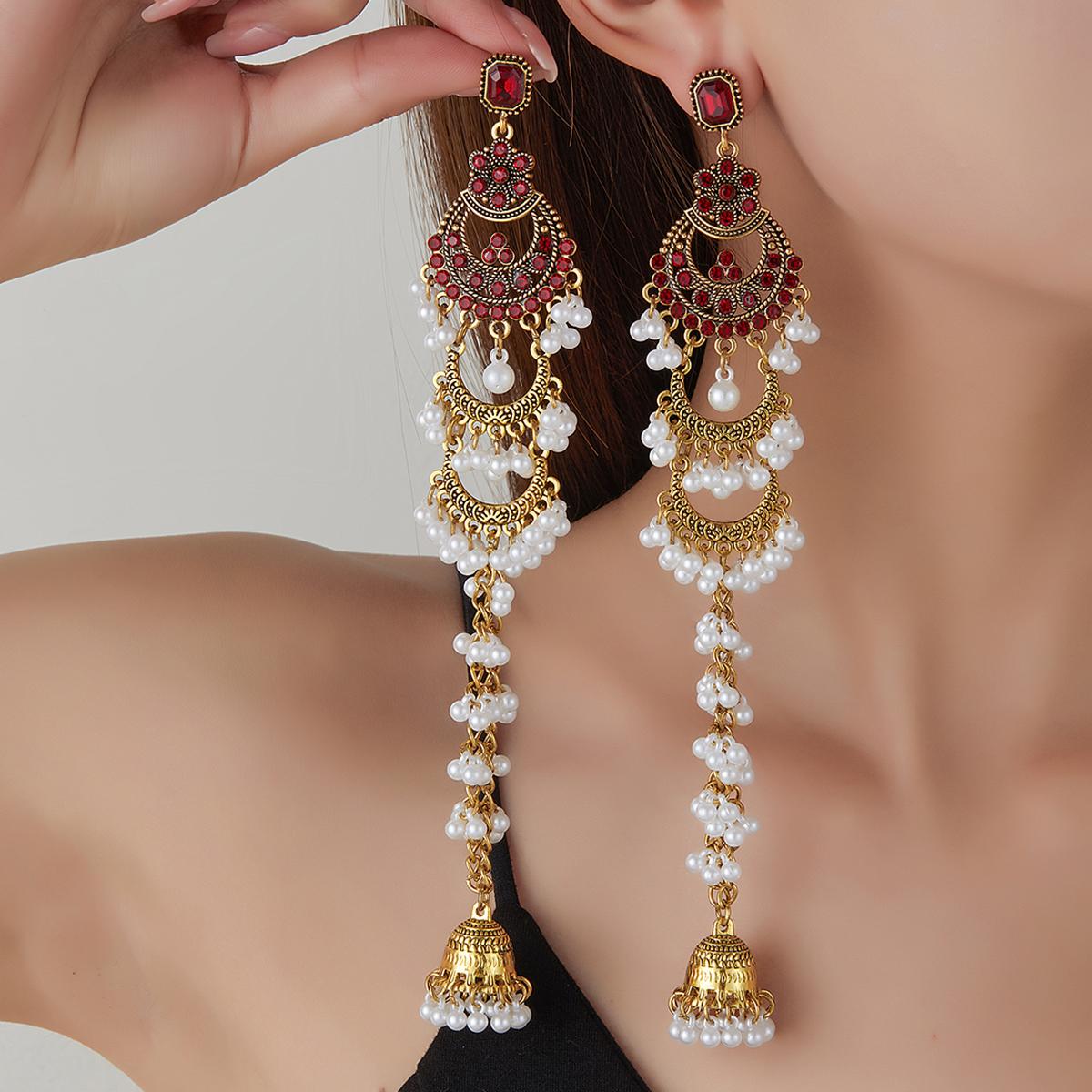 

Vintage Ethnic Statement Jewelry Earring Women Geometric Crystal Simulation Pearl Tassel Long Earrings Party Jewellery Accessories