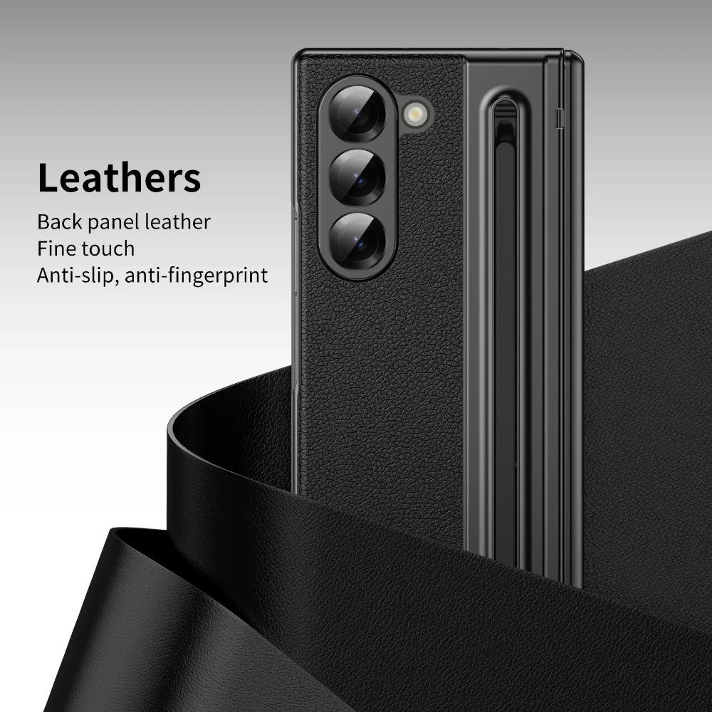Luxury Plating Matte AG Pen Slot Leather Case For Samsung Galaxy Z Fold 7 6 5 4 3 Screen Film Hinged Shockproof Protector Cover