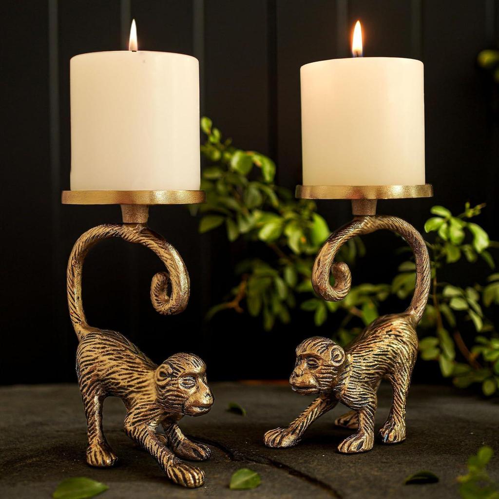 Metal Monkey Pillar Candle Holder Gift Hamper, Festive Gifting Showpiece for Birthday, Housewarming, Anniversary (Set of 2), Gold
