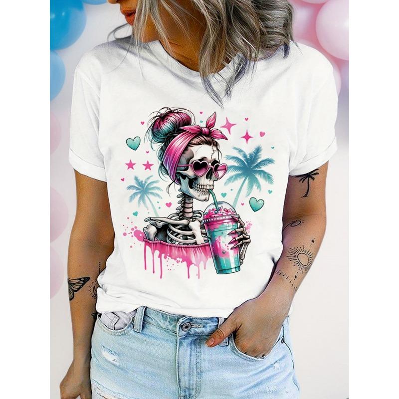 T-shirt rond à imprimé crâne de cocotier d'Halloween, style sport décontracté, nouveau haut de déguisement de festival pour femme