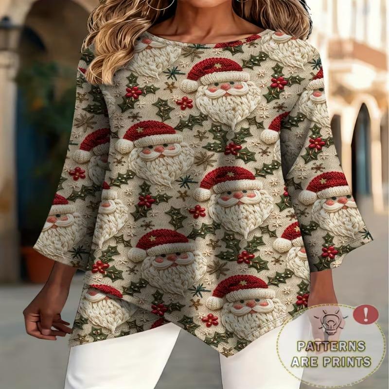 Women's fashionable printed round-neck T-shirt, with asymmetrical cross-over hem design, machine washable