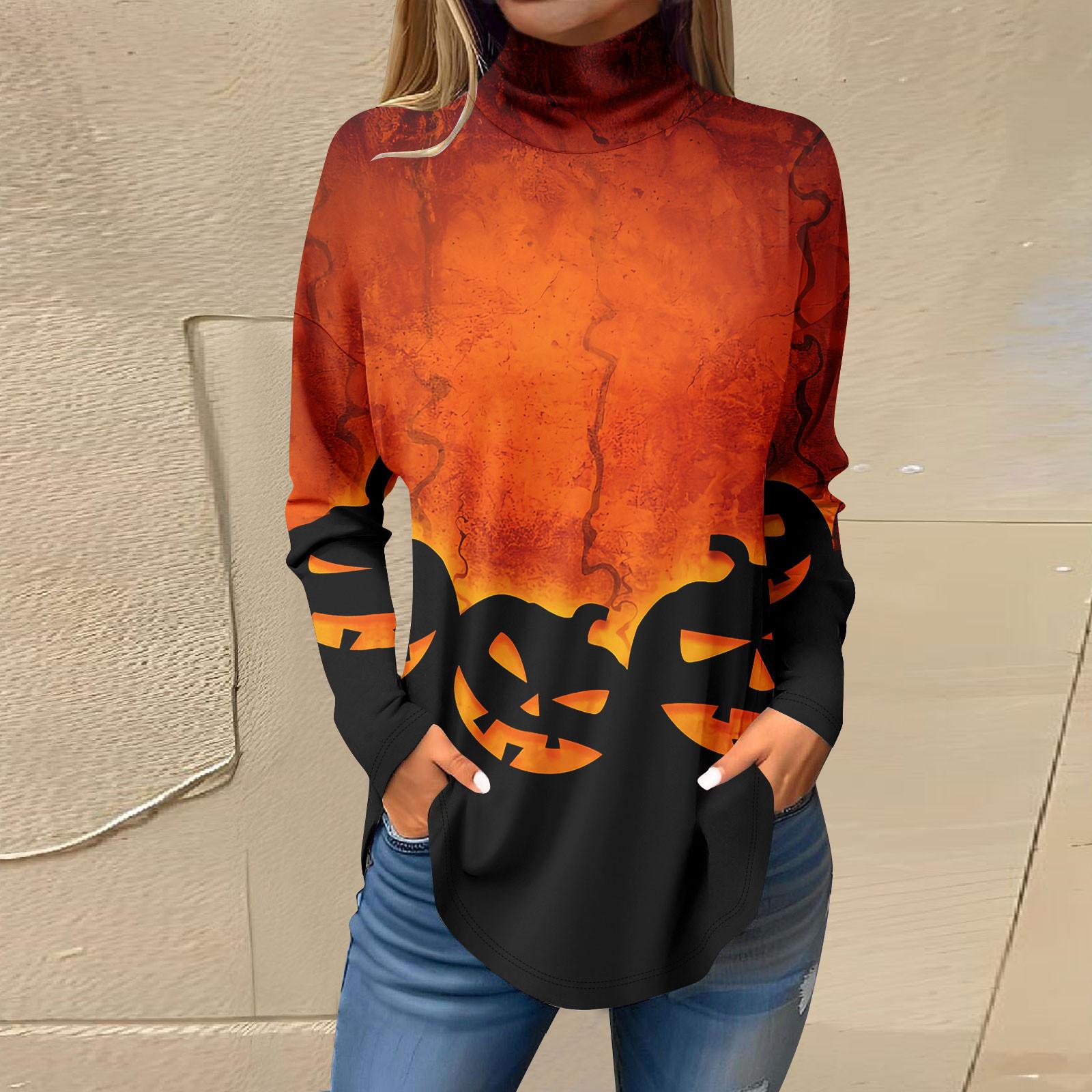 

Жіночі футболки для осені Повсякденні сорочки з довгими рукавами Світшоти Хеллоуїн Пуловер з високим горлом і принтом XL шафрановий
