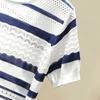 Summer Women's Round Neck Color Contrasting Thin Hollow Short Sleeve Knitted Shirt