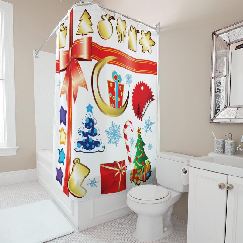 TU Festive Christmas Shower Curtain with Reindeer and Gifts Holiday Bathroom Decor Waterproof Xmas Pattern Fabric Backdrop